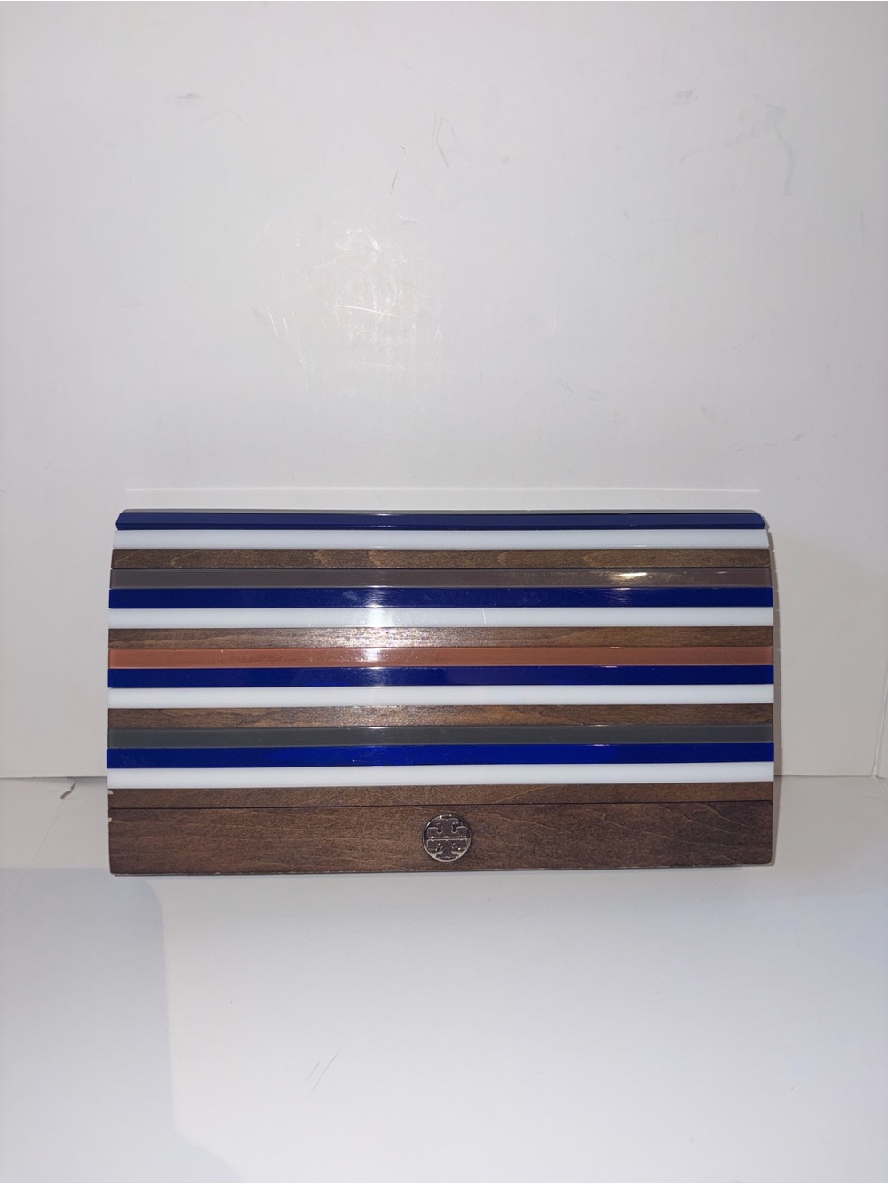Tory Burch Striped Blue White Brown Clutch